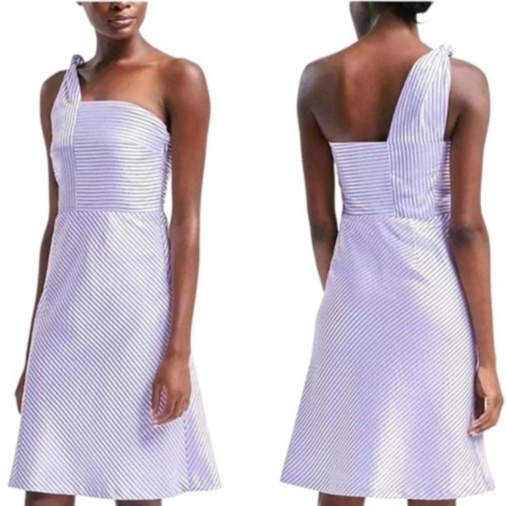 Banana Republic One Shoulder Blue/White Stripe Satin Fit & Flare Dress 8